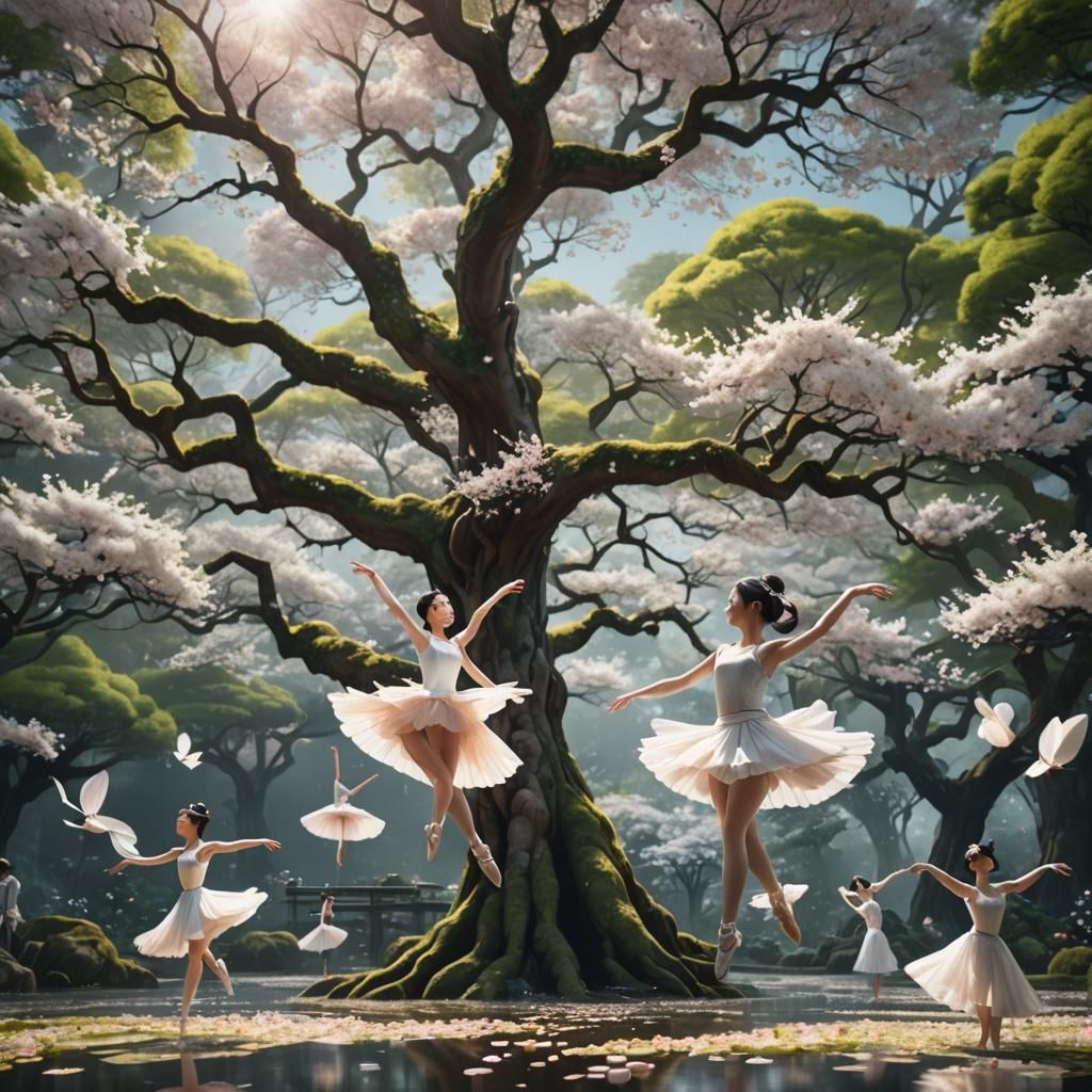 Japanese Ballerinas in Blossoming Dreamscape: Fantasy Art