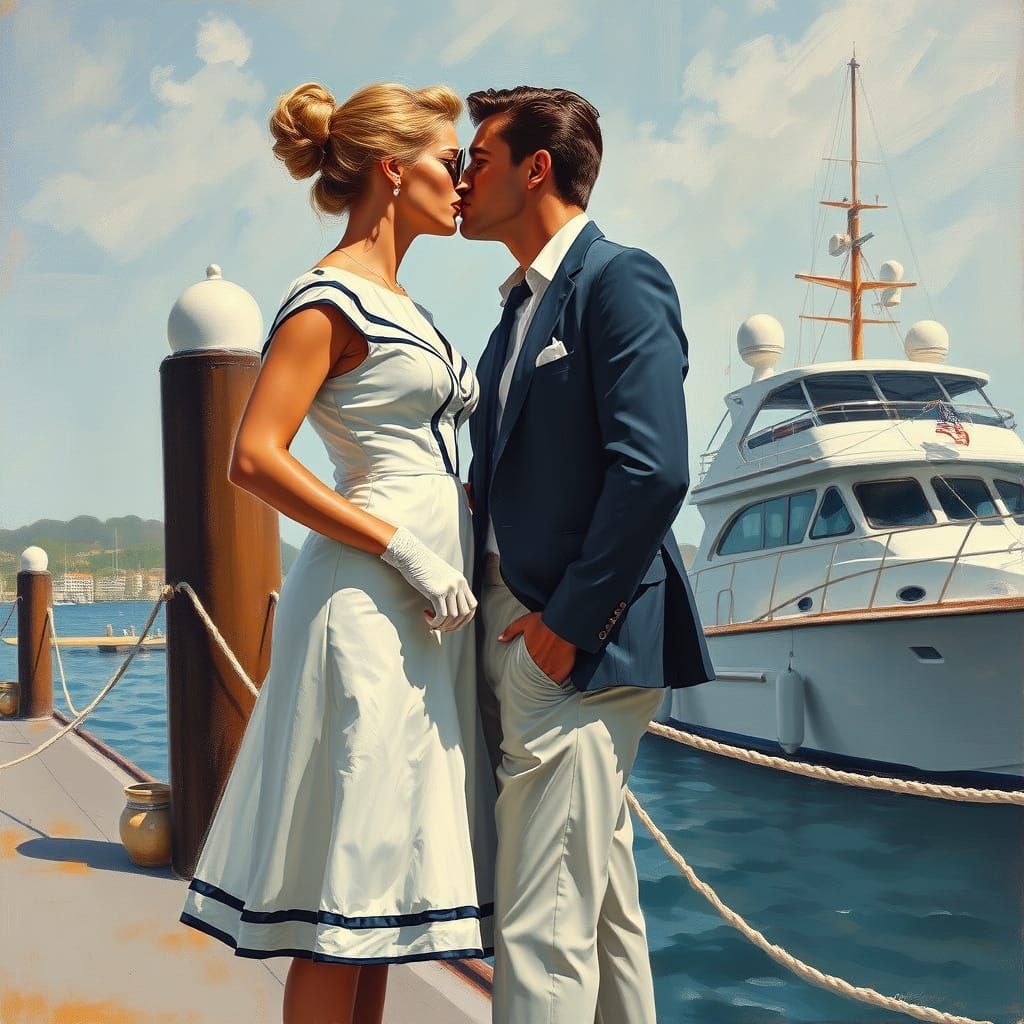 Romantic Couple Embracing in 60s Retro Oil Painting