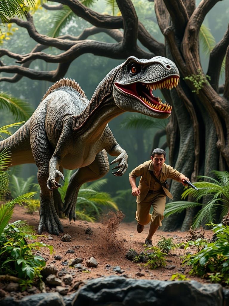 Velociraptor Chases Hunter in Misty Jungle