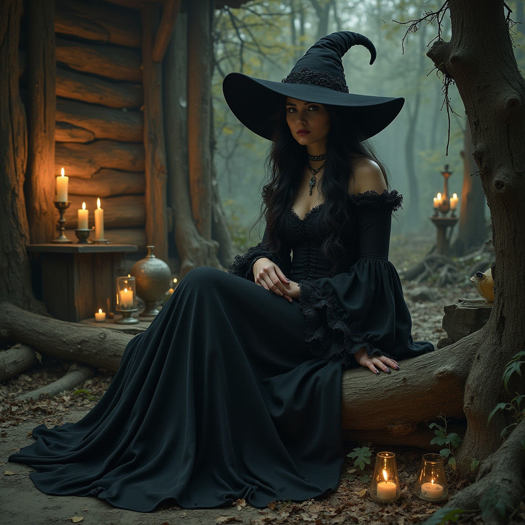 Mystical Witch in Dark Cabin, Gothic Fantasy
