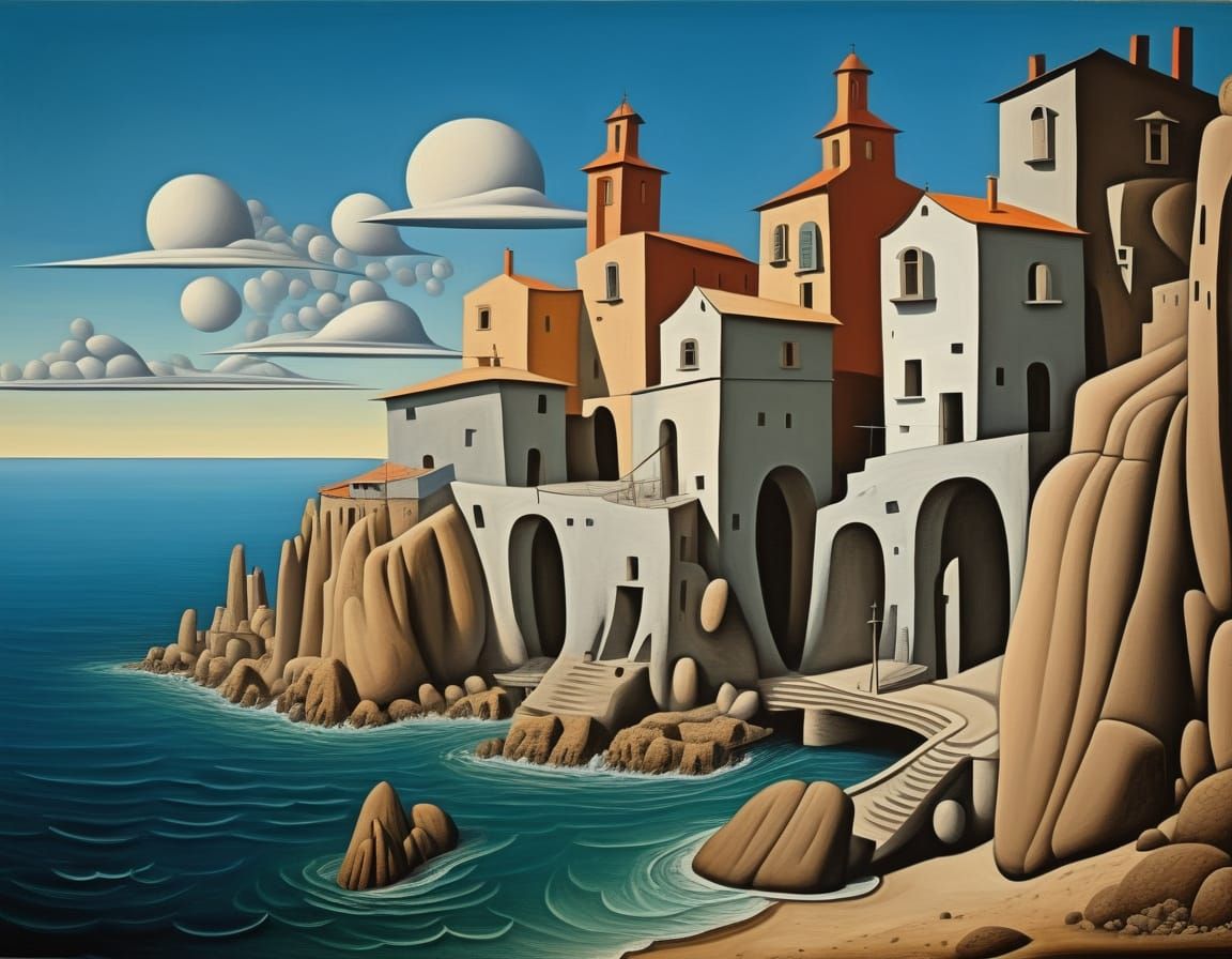 Coastal Village in Giorgio de Chirico Style