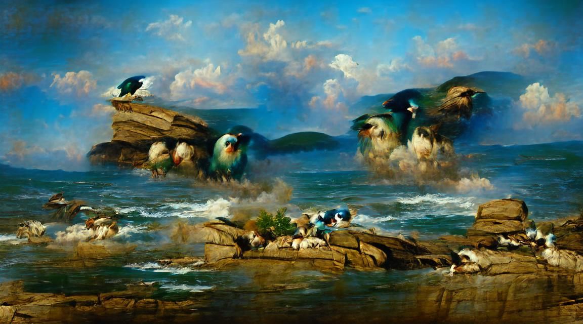 Crows on Rocks: Hudson River School Painting