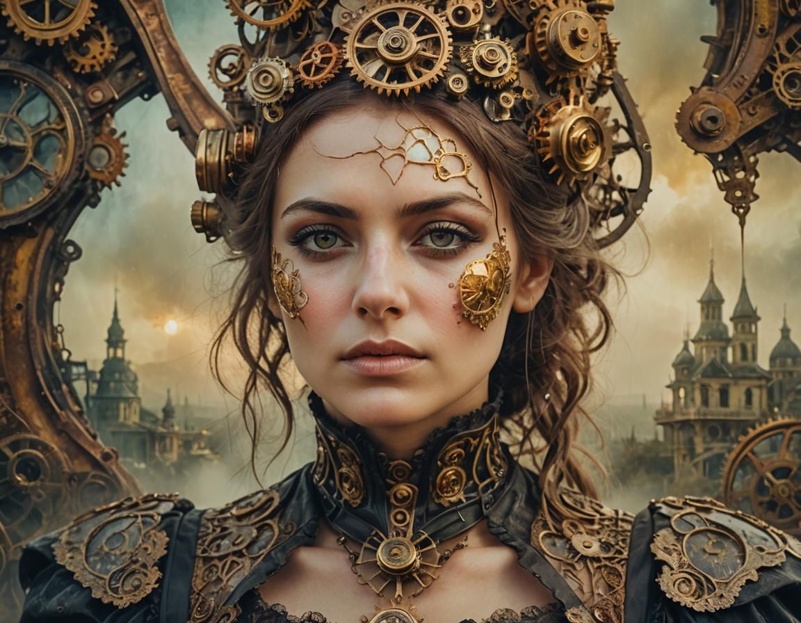 Steampunk Woman in Surreal Dreamscape, Retro Grunge Style