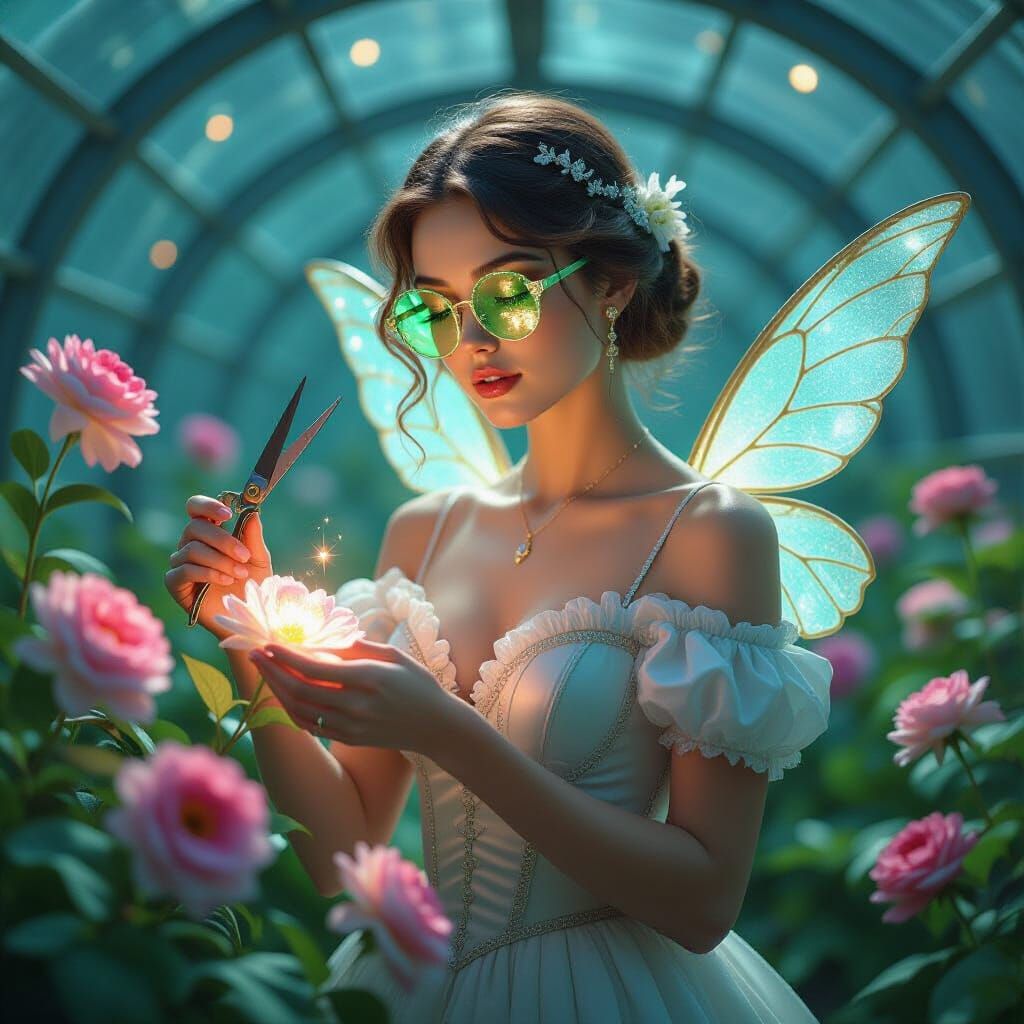 Elegant Woman Tending Cosmic Flowers in Art Nouveau Style