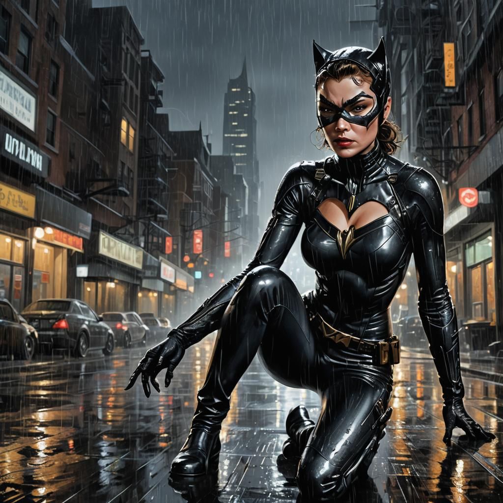 Catwoman in Rain: Hyperrealistic Cinematic Painting