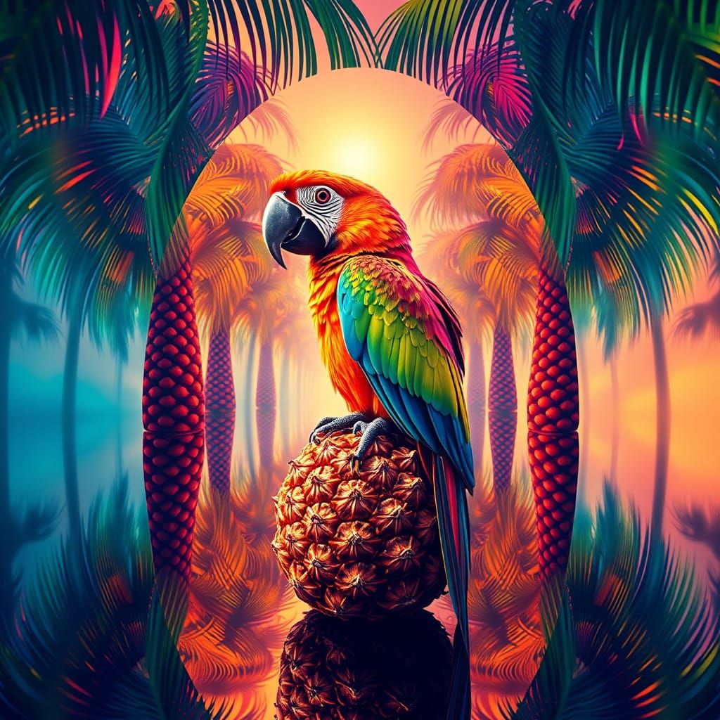 Vibrant Parrot in a Mirrored Tropical Oasis