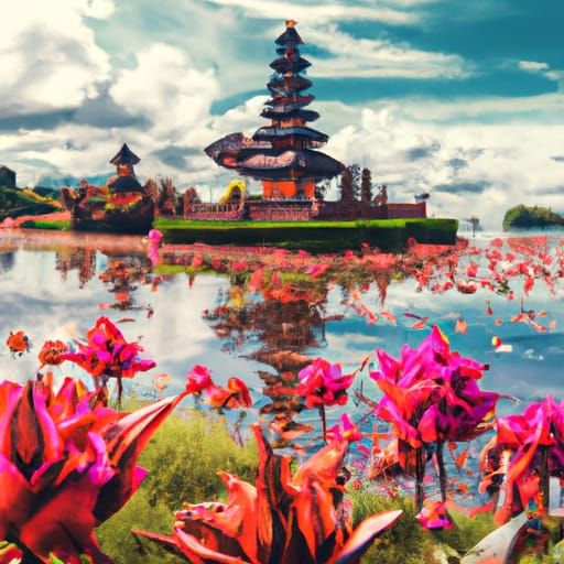 Pastel Temple Sunrise Over Turquoise Water