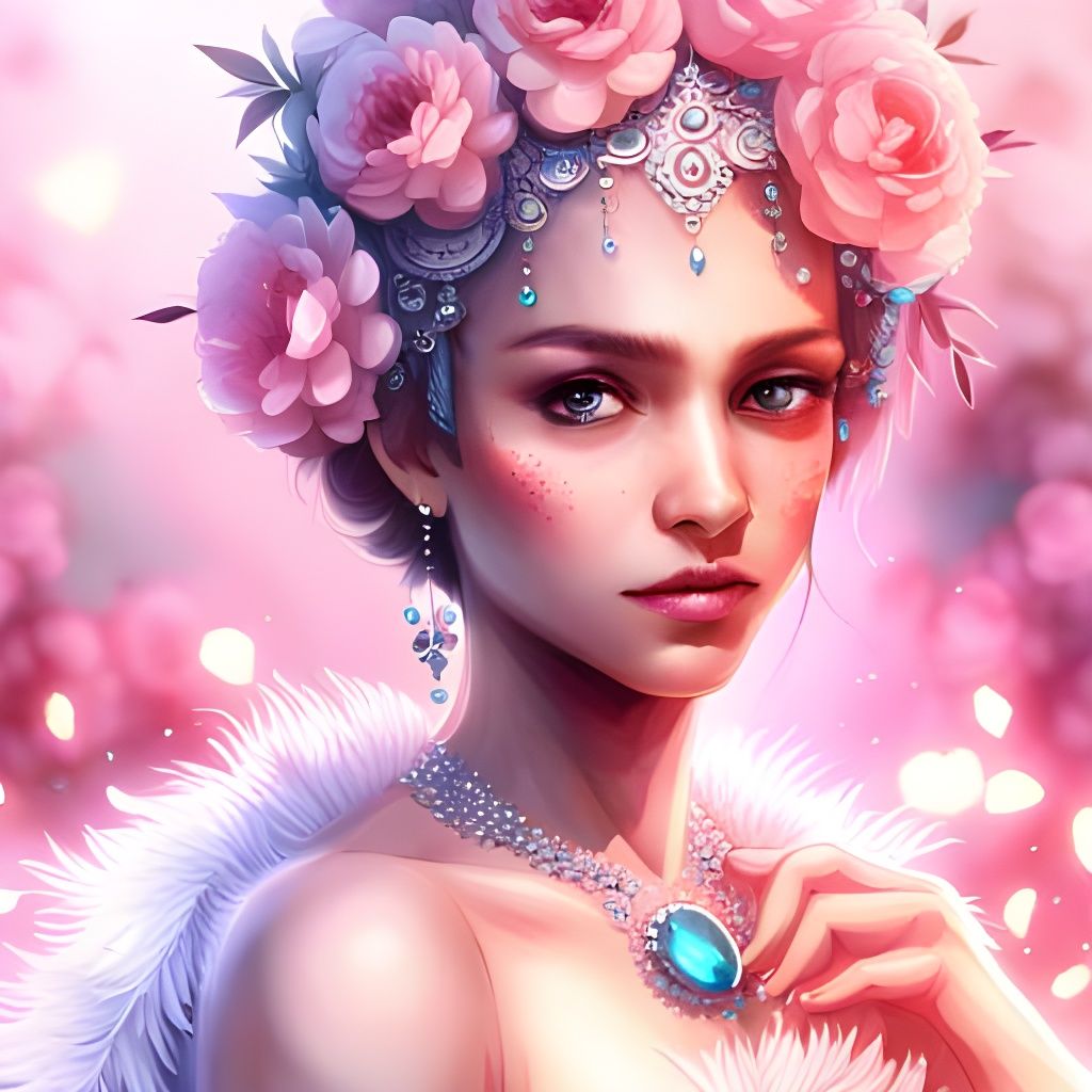 Princess with Gem Tiara and Floral Background
