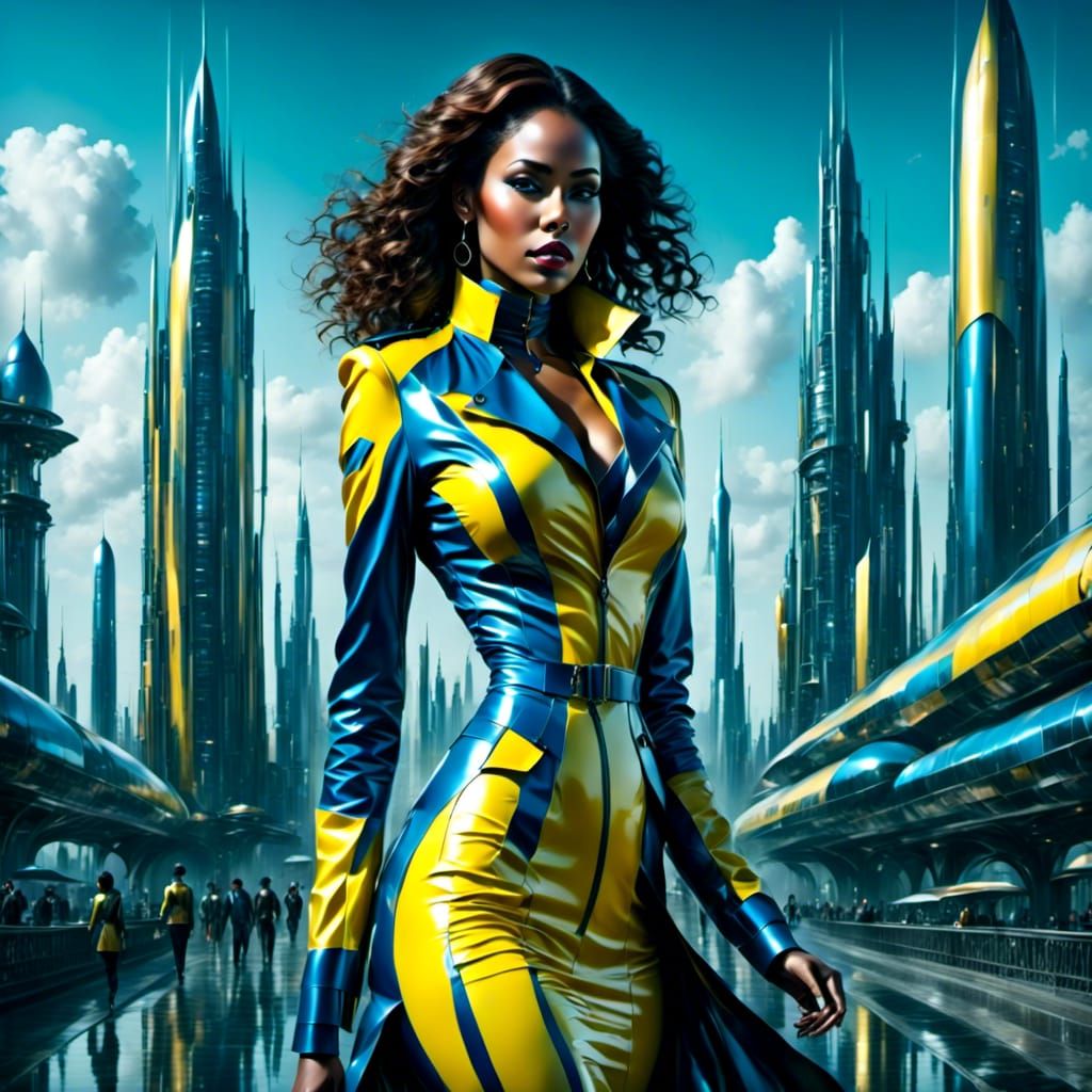 Retrofuturistic Woman in Latex Uniform, Airbrush Art
