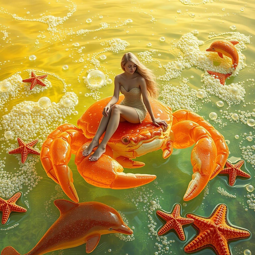 Woman Rides Gummy Crab on Soda Sea