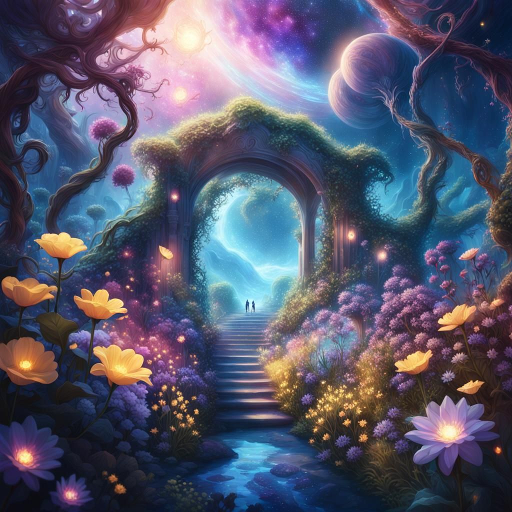 Ethereal Being Walks Among Celestial Plants in Radiant Cosmi...