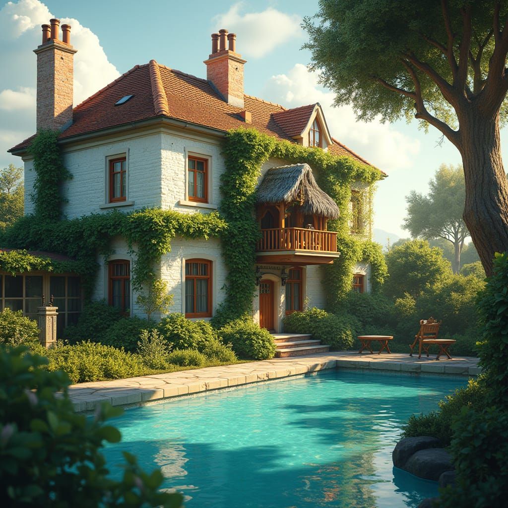 Whimsical White Brick Estate with Treehouse and Pool