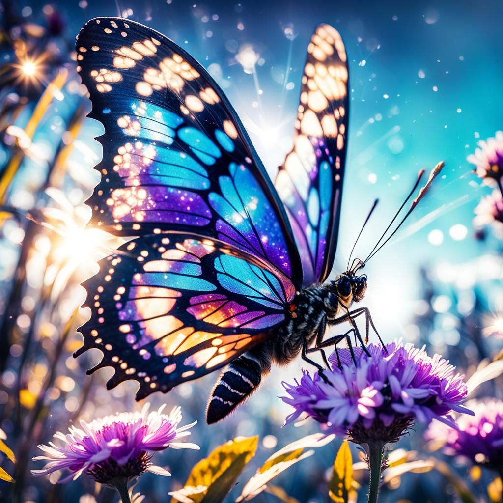 Glittering Butterfly Pollinating Flower in Sunlight