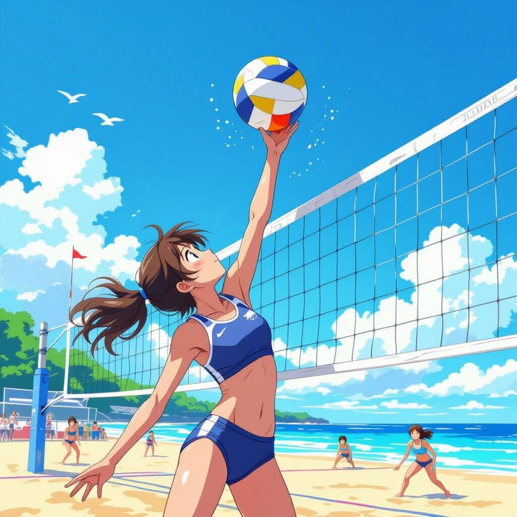 Anime style, Studio Ghibli, beach volleyball player spiking the ball over the net. Impressionistic, pointillism.