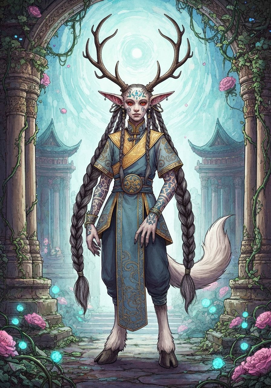 Fantasy Puck Imp Pixie with Antlers in Golden Pointillism Ar...