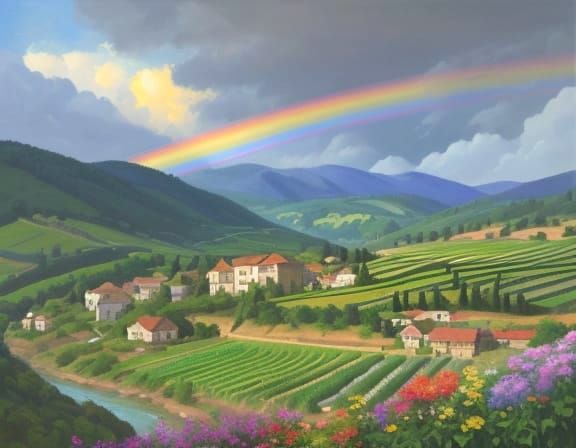 Picturesque Vineyard Landscape with Rainbow as Impasto Paint...