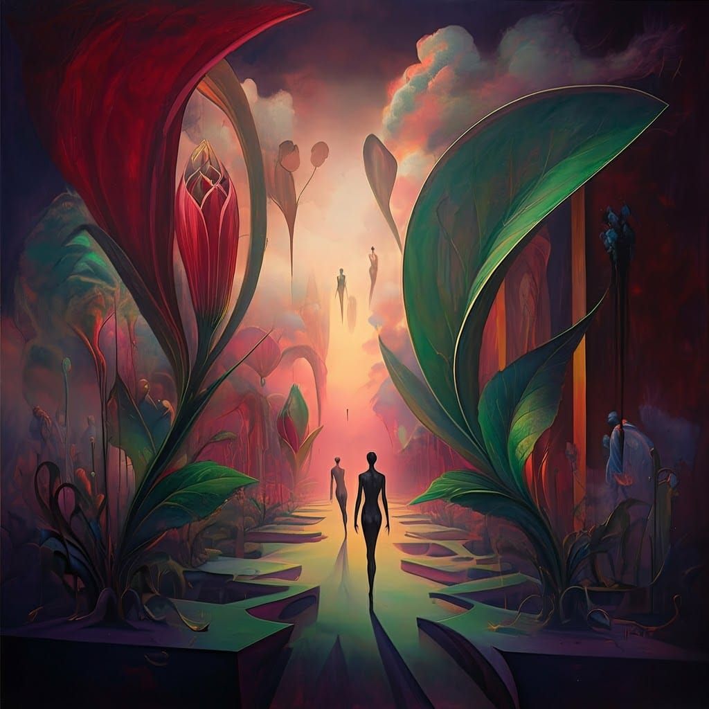 Surreal Garden with Dreamlike Figures in Ethereal Light