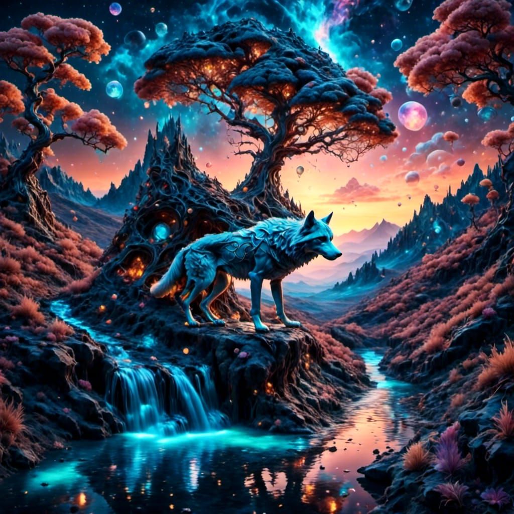 Iridescent Wolf Drinks at Creek in Surrealist Style