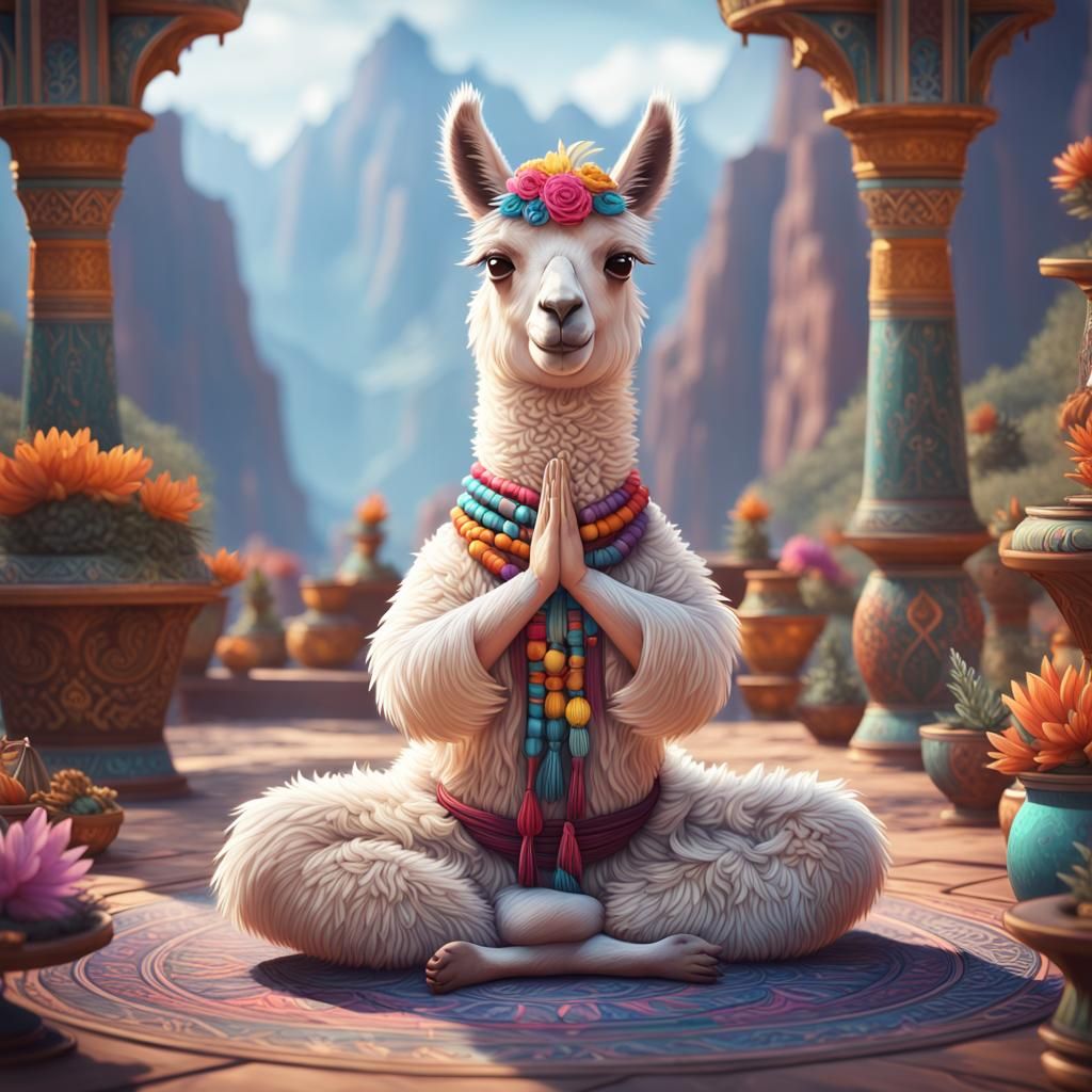 Llama Yoga in Fantasy Landscape, Detailed Digital Art