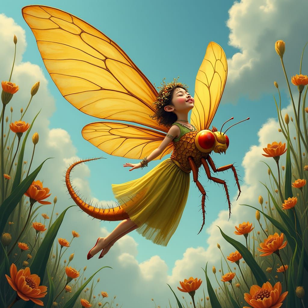 Pixie Fairy Rides Golden Dragonfly in Surreal World