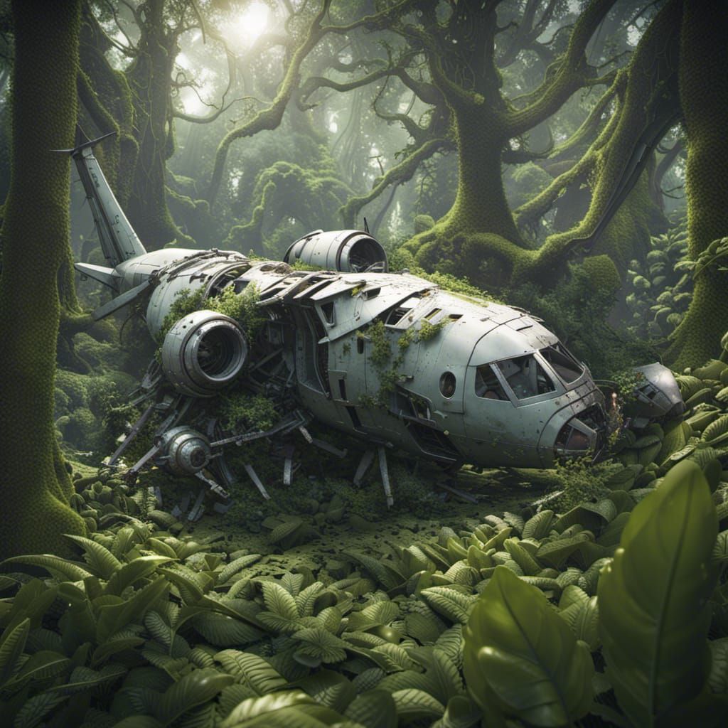 Overgrown Crashed Plane in Dense Futuristic Forest