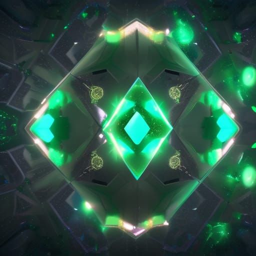 Glowing Emerald Jewel in Hexagon Shape, Fantasy Art