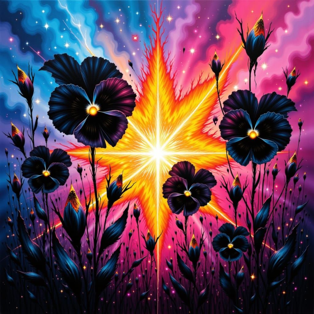 Black Pansy Silhouettes with Fiery Star Mandala