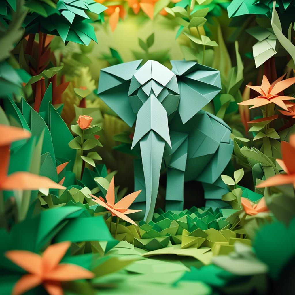 Fantasy Origami Jungle Landscape with Elephant