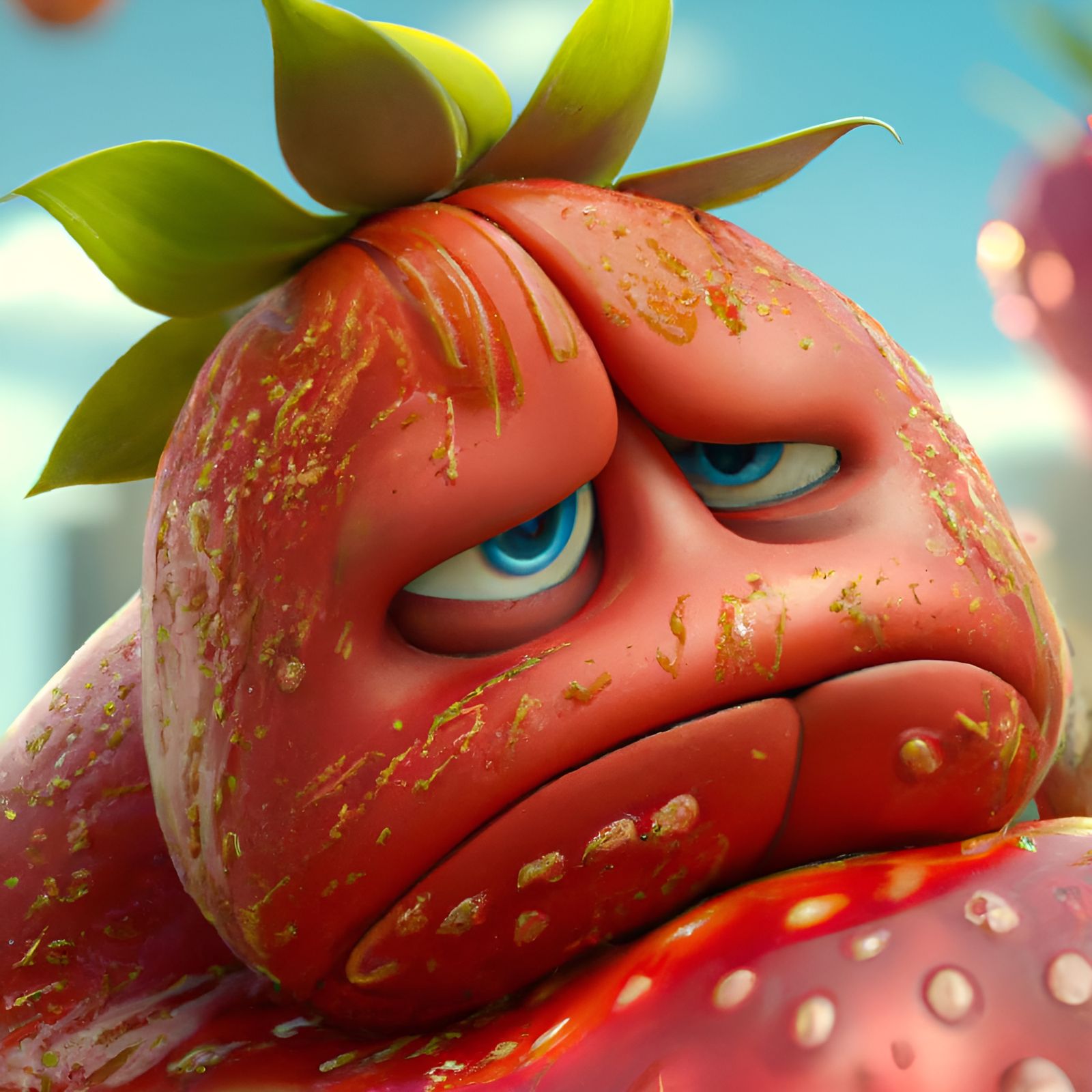 Grumpy Strawberry Close-up: 3D Rendered Digital Art