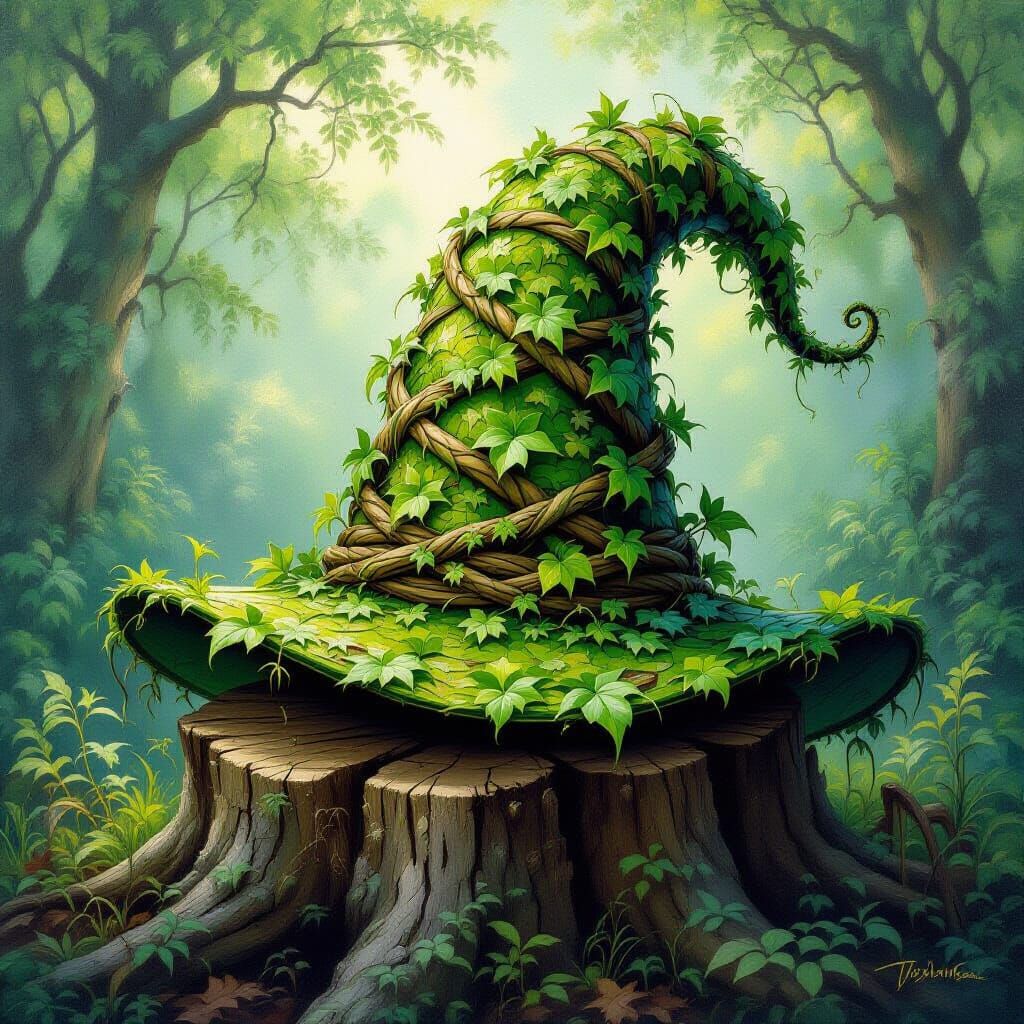 Fantasy Plant Hat on Forest Stump Oil Painting