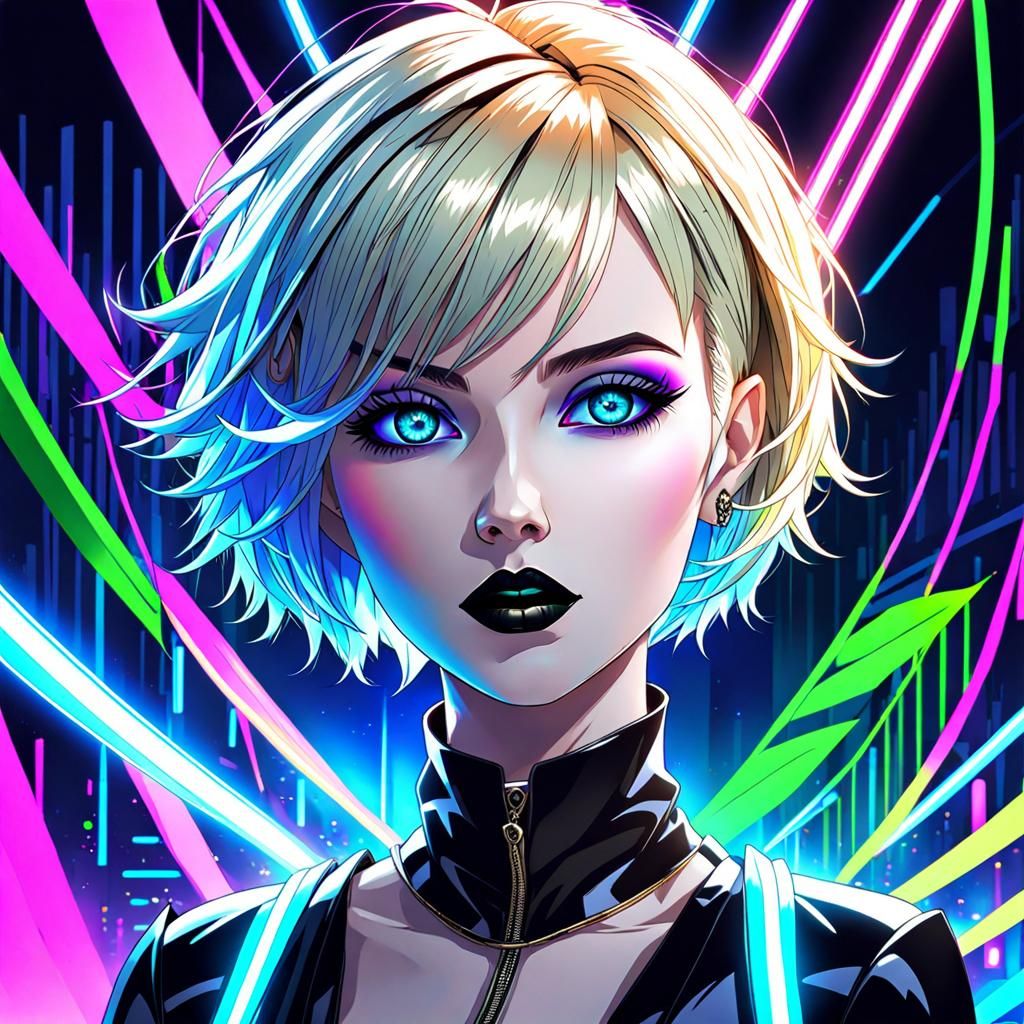 Raver Goth Woman in Neon Anime Style