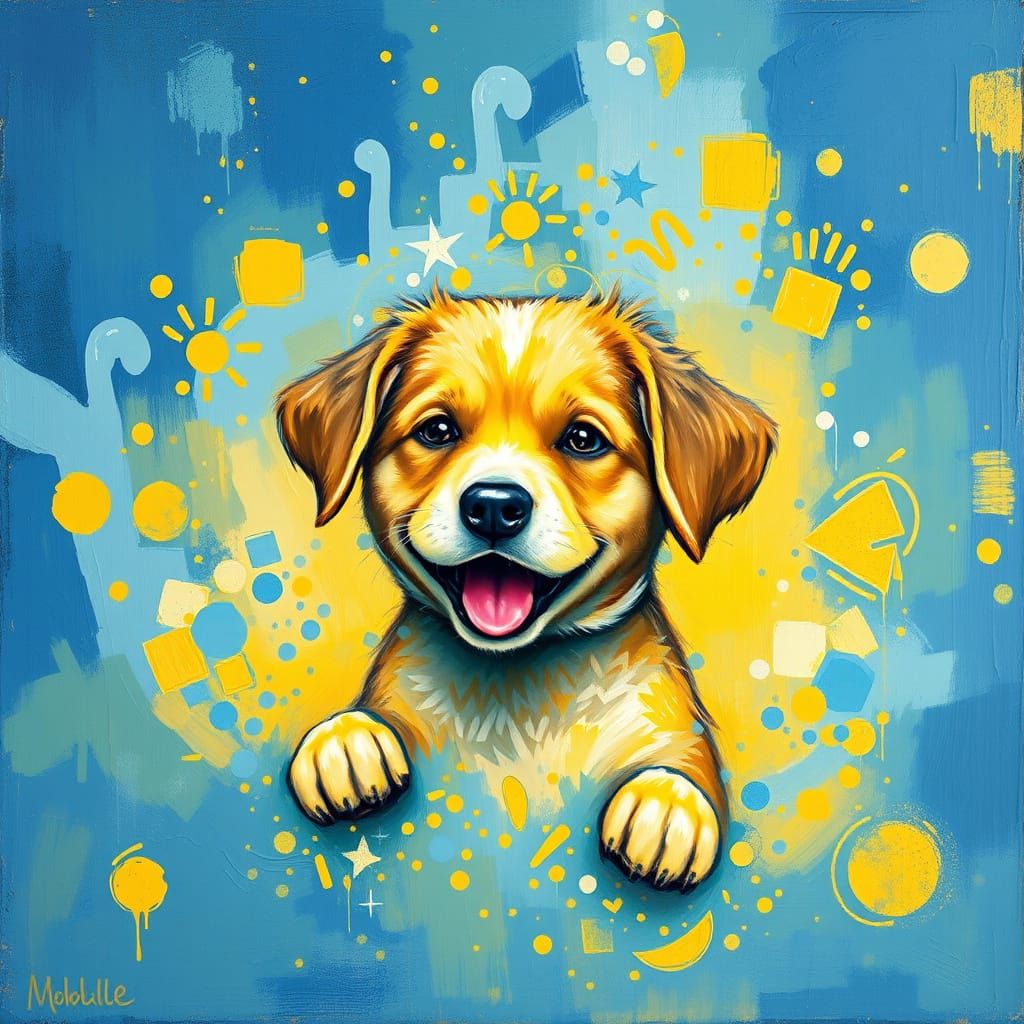 Joyful Puppy in Blue and Yellow Impasto