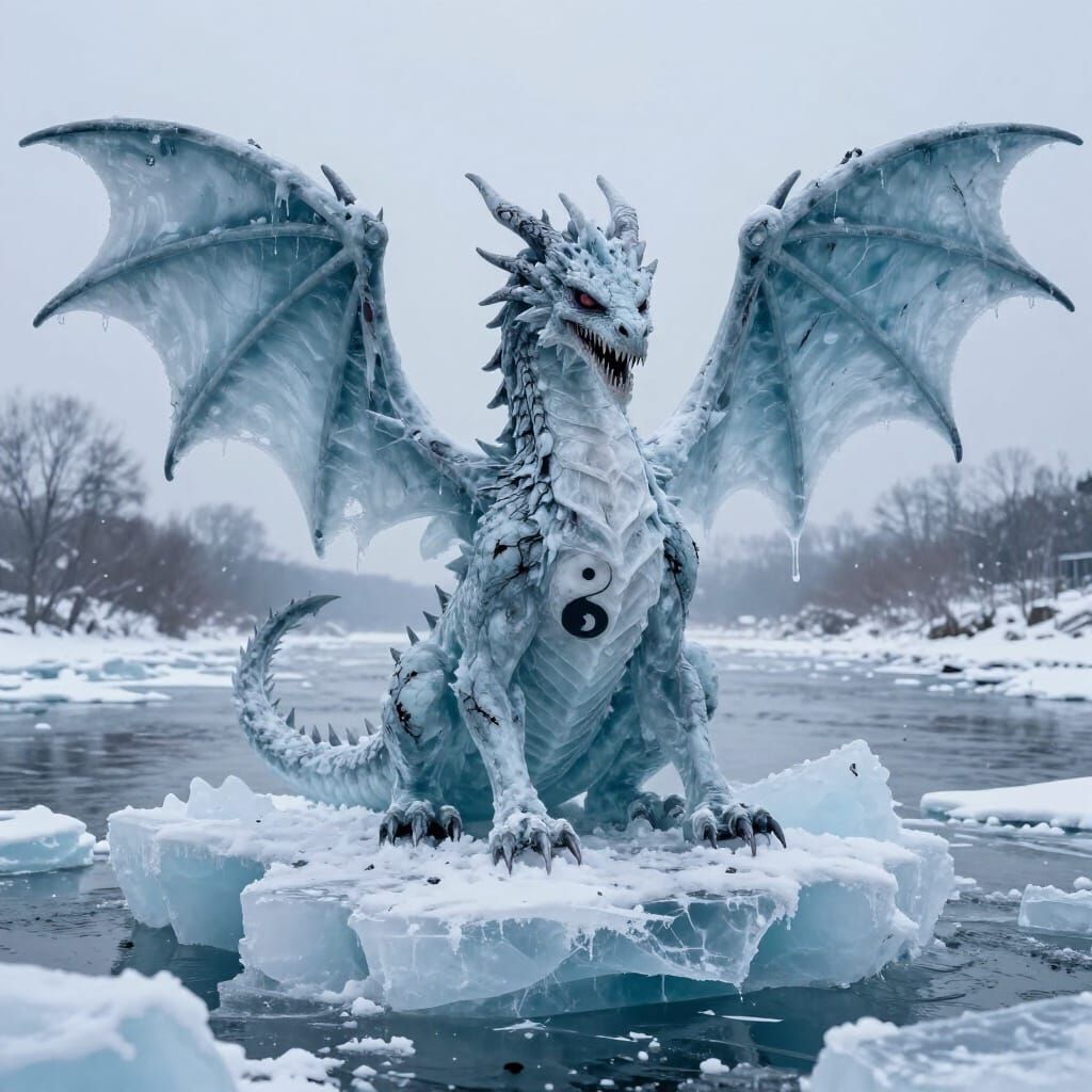 Ice Dragon on Glacial River with Horror Ying Yang Symbol