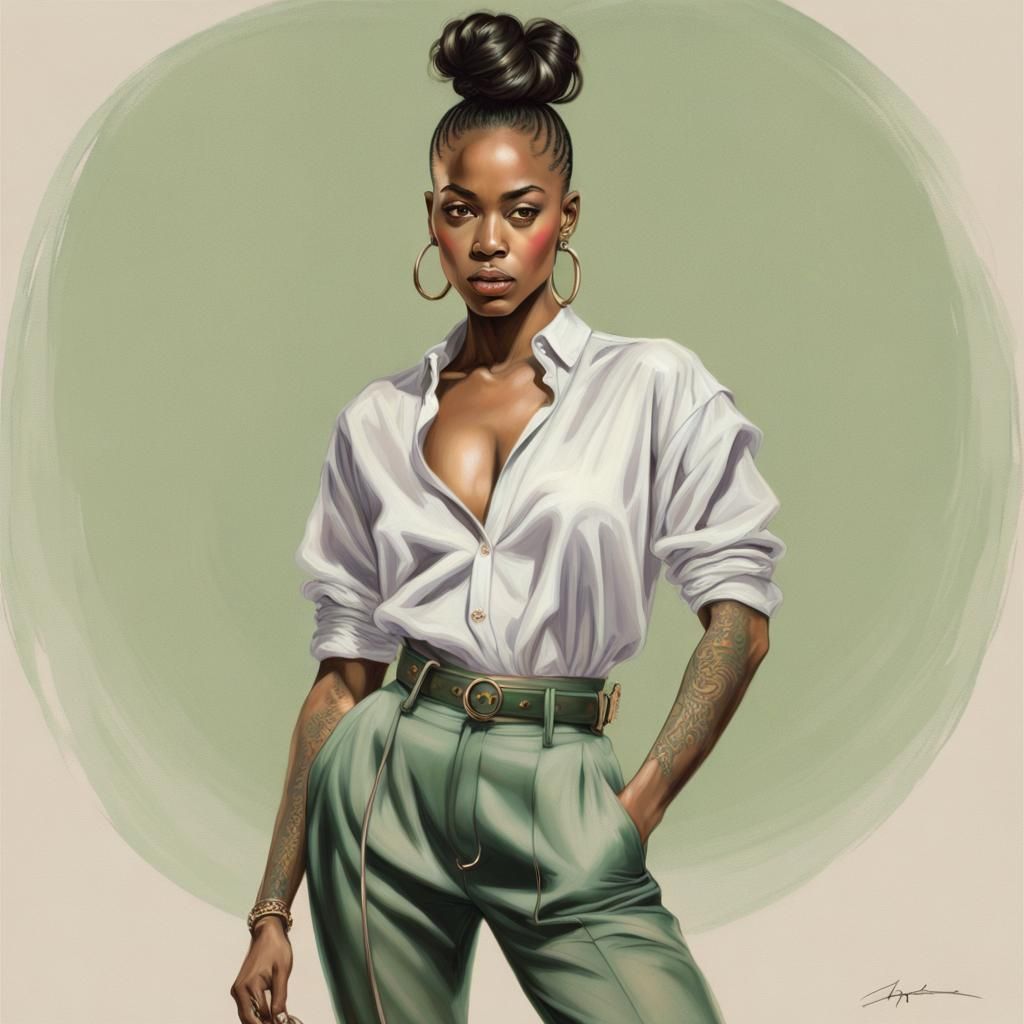 Fair skinned African American women with a high bun and medium build wearing silver hoop earrings cropped shirt skinny g...