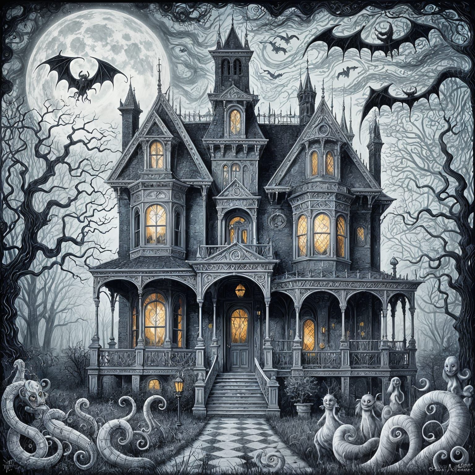 Haunted Victorian Mansion on October Night in Tim Burton Sty...