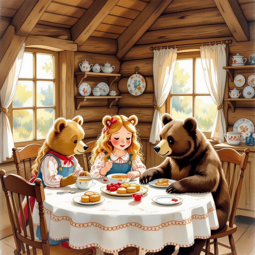 Goldilocks and Bears in Cozy Cottage Dining Room