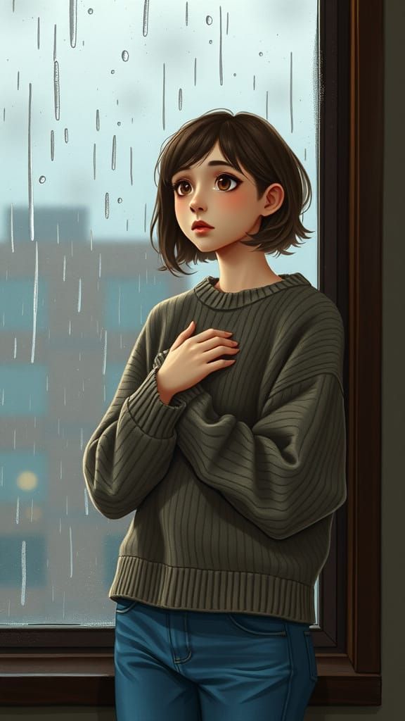 Woman at Window in Rainy Atmospheric Scene