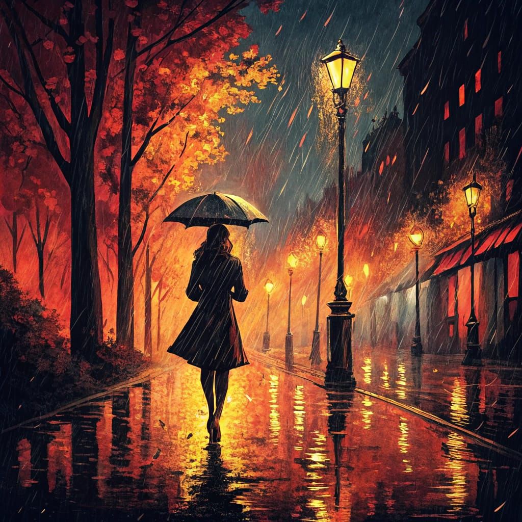 Rainy City Night: Woman in Impasto Oil Painting