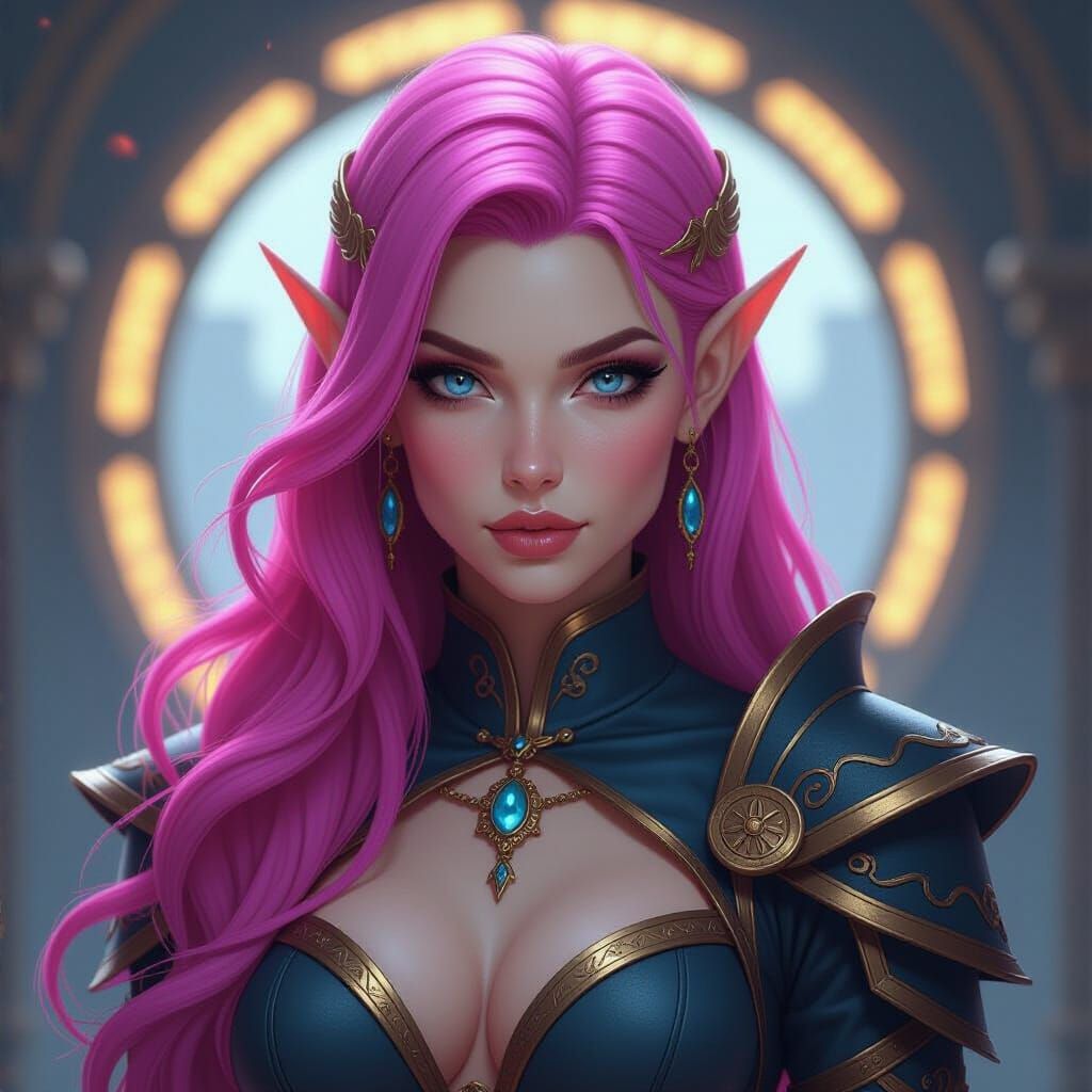 Muscular Drow Elf with Pink Hair in Dark Fantasy Style