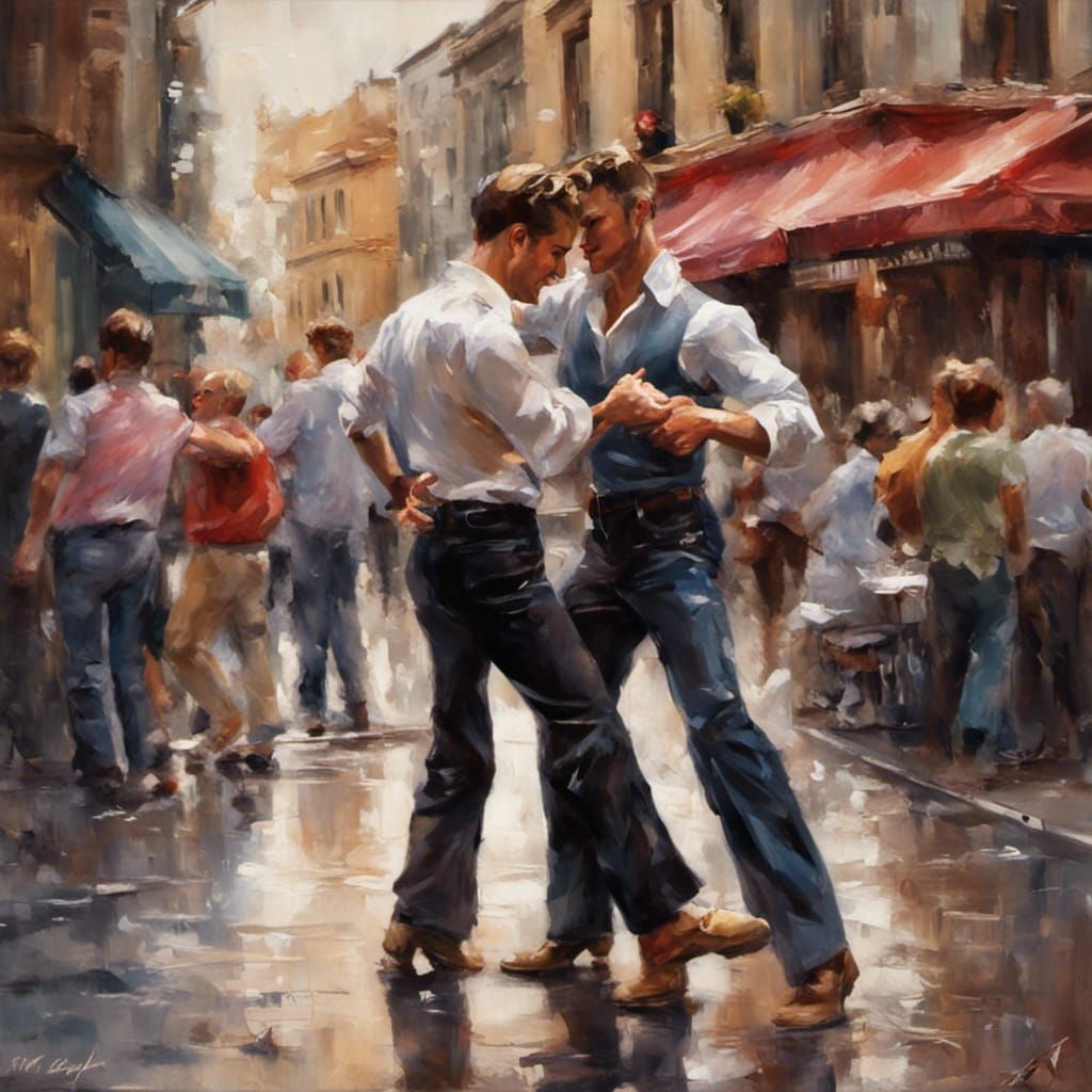 Gay Couple Dancing in Street: Heighton-esque Hyperrealism
