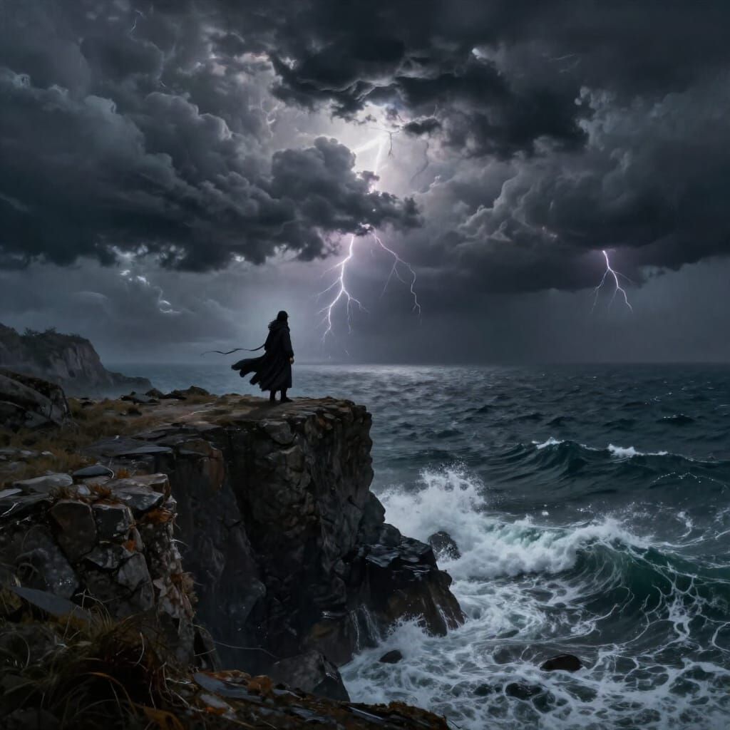 Sorcerer on Cliff Overlooking Stormy Sea