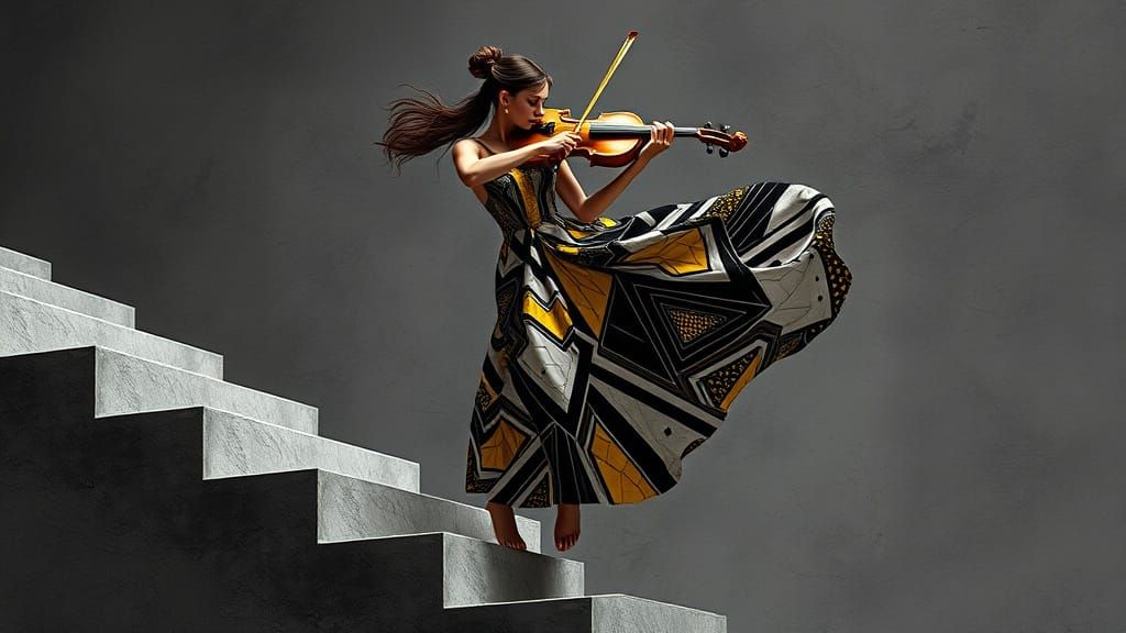 Woman Suspended Mid-Air Playing Golden Violin