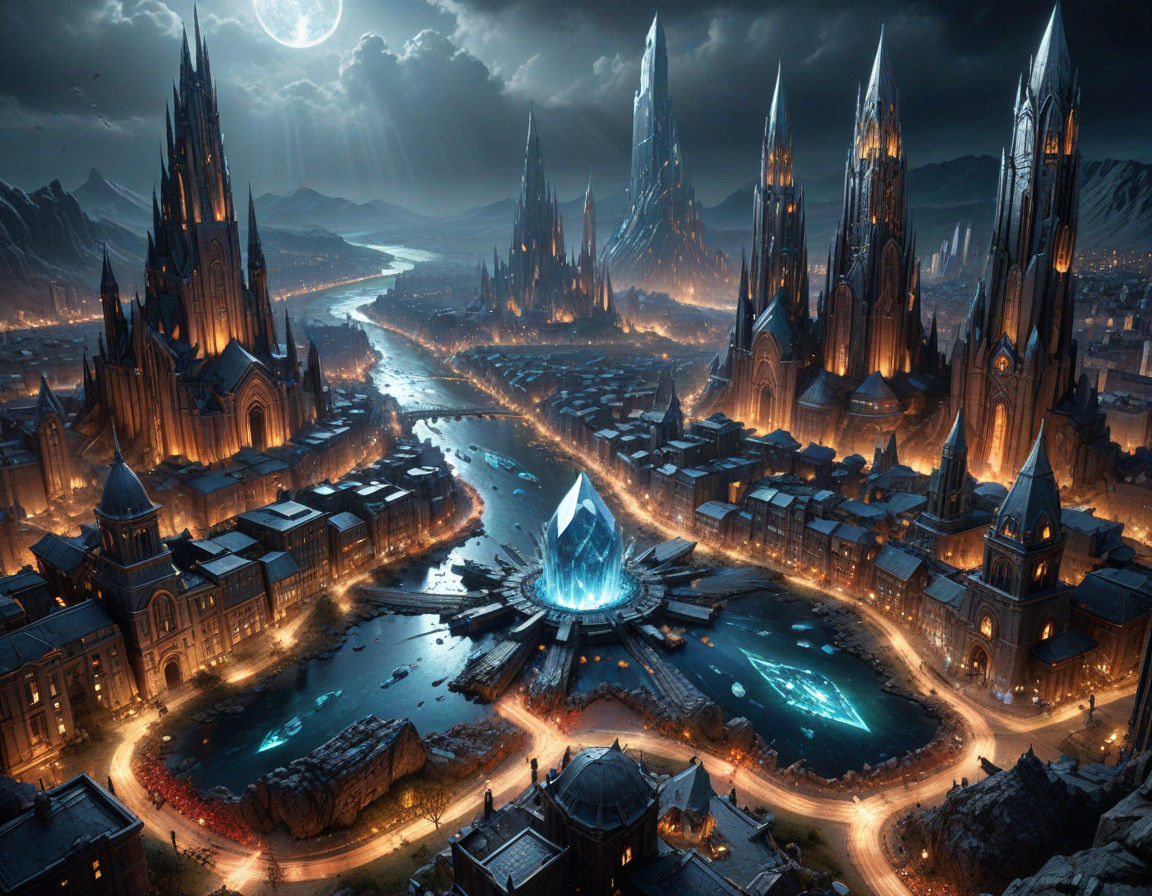 Surreal Crystal Cityscape with Precious Gems and Crystals