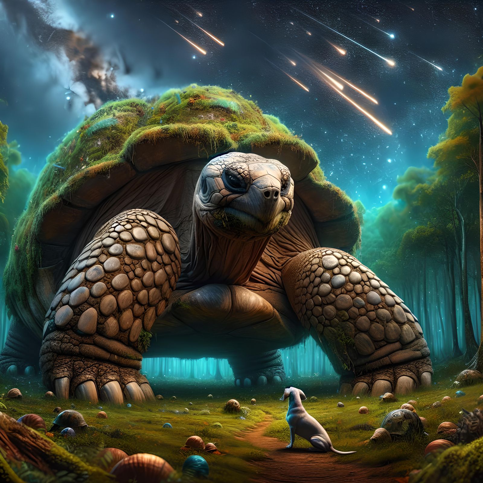 Giant Tortoise and Small Dog in Hypermaximalist Style