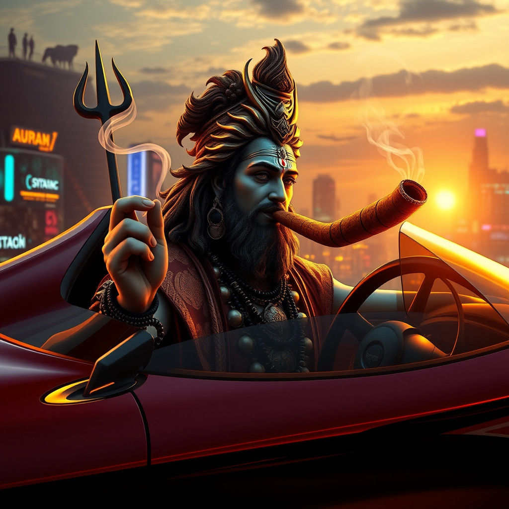 Shiva Drives Cyberpunk Sports Car at Sunset