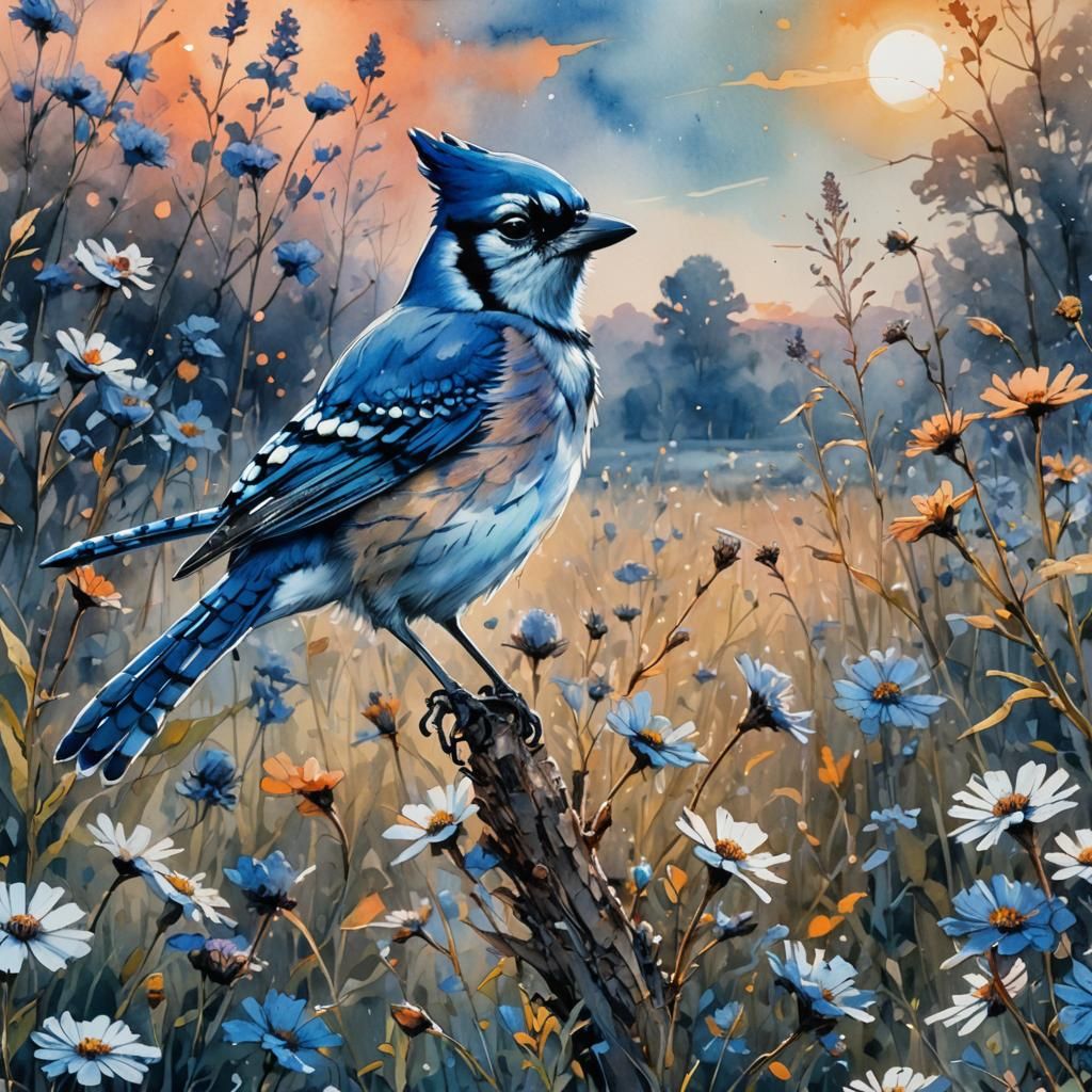 Bluejay Watercolor Illustration at Sunset