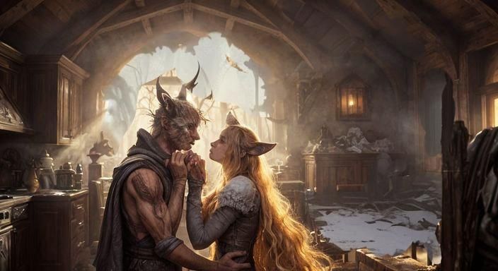 Scarred Tabaxi Man and Ethereal Tiefling Woman in Fantasy Re...