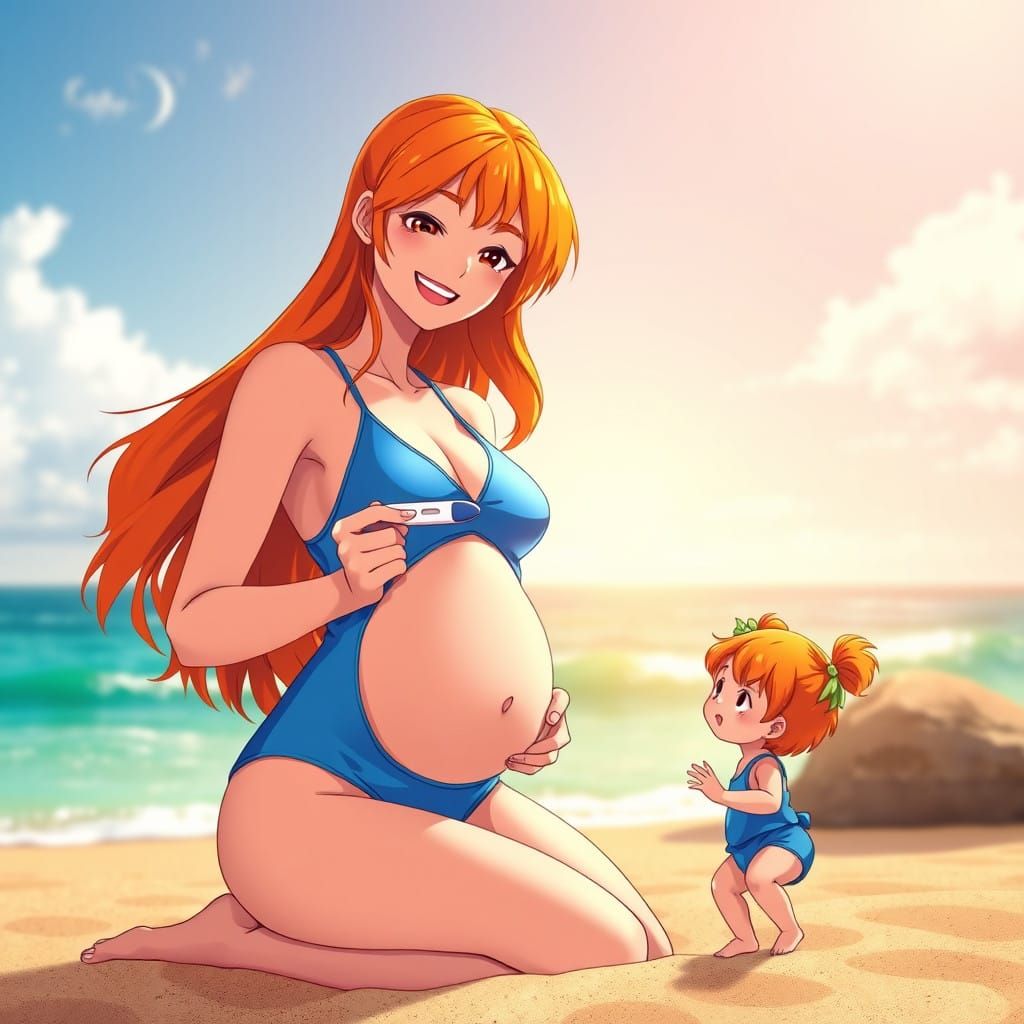 Mother's Joyful Beach Moment with New Life