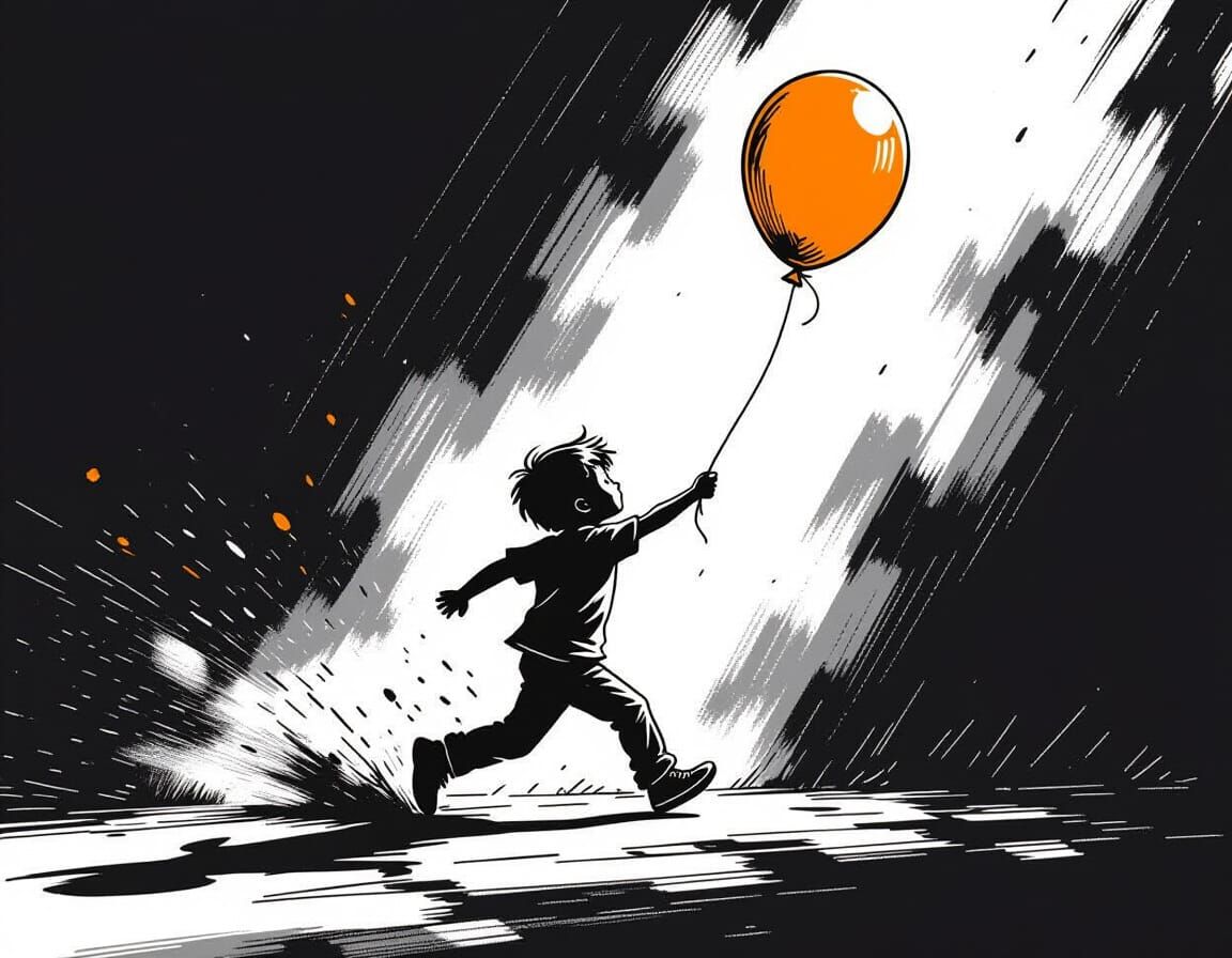 Monochrome Boy with Orange Balloon Ink Illustration