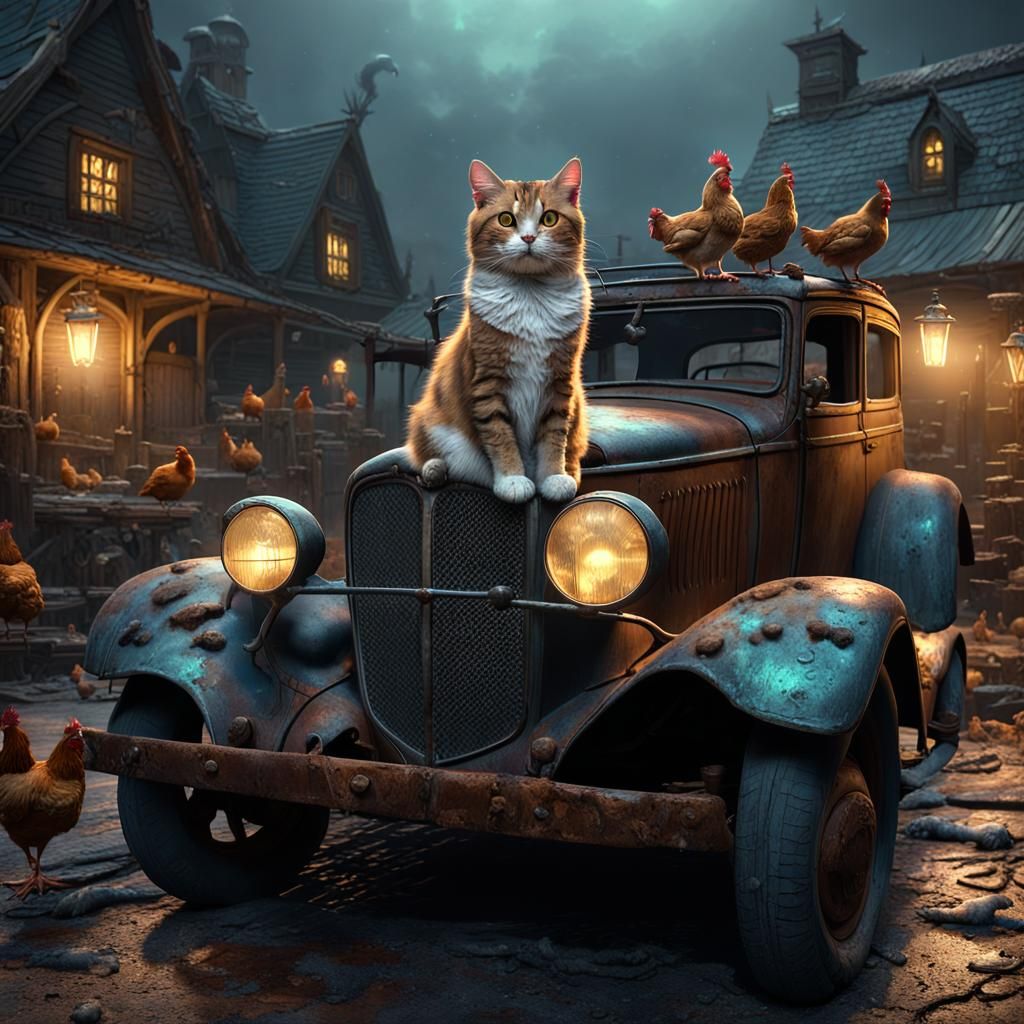 Cat on Car: Dark Fantasy Concept Art